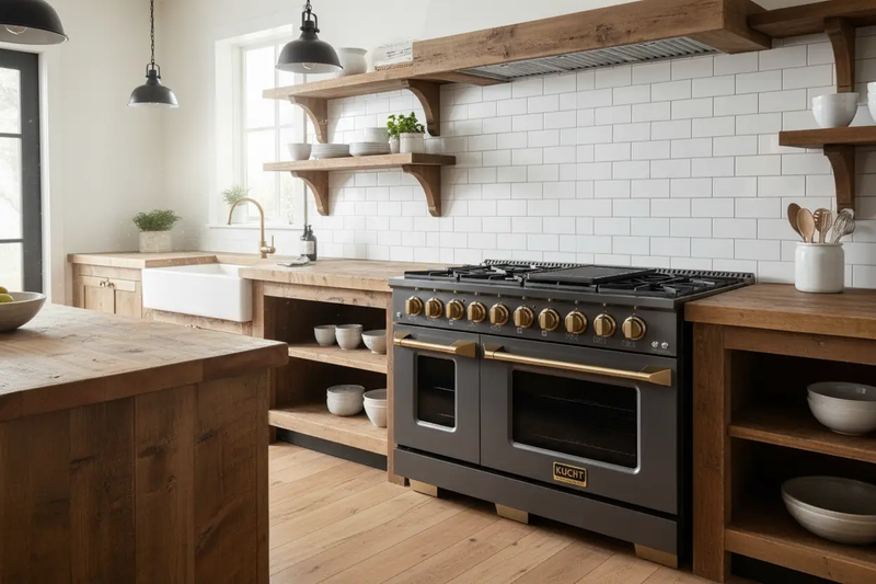 Kucht Gemstone Professional 48 in. 6.7 cu. ft. Natural Gas Range with Sealed Burners, Griddle/Grill and Two Ovens - One Convection - in Titanium Stainless Steel KEG483 by Farmhouse Kitchen and Bath