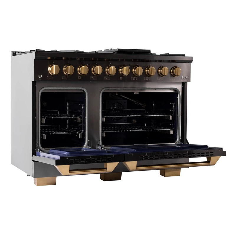 Kucht Gemstone Professional 48 in. 6.7 cu. ft. Propane Gas Range with Sealed Burners, Griddle/Grill and Two Ovens - One Convection - in Titanium Stainless Steel KEG483/LP by Farmhouse Kitchen and Bath