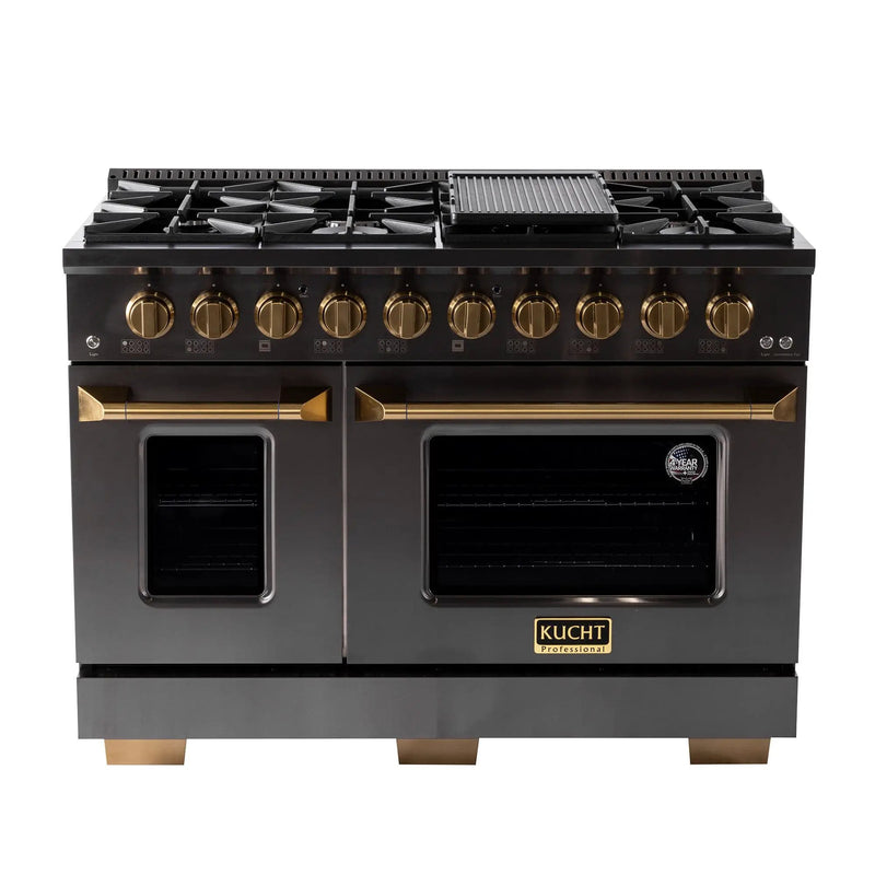 Kucht Gemstone Professional 48 in. 6.7 cu. ft. Propane Gas Range with Sealed Burners, Griddle/Grill and Two Ovens - One Convection - in Titanium Stainless Steel KEG483/LP by Farmhouse Kitchen and Bath
