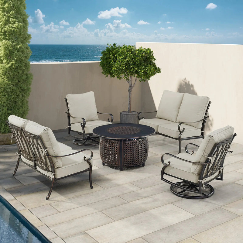 Black Aluminum Fire Table Set with Two Loveseats and Two Club Chairs by Sharicks