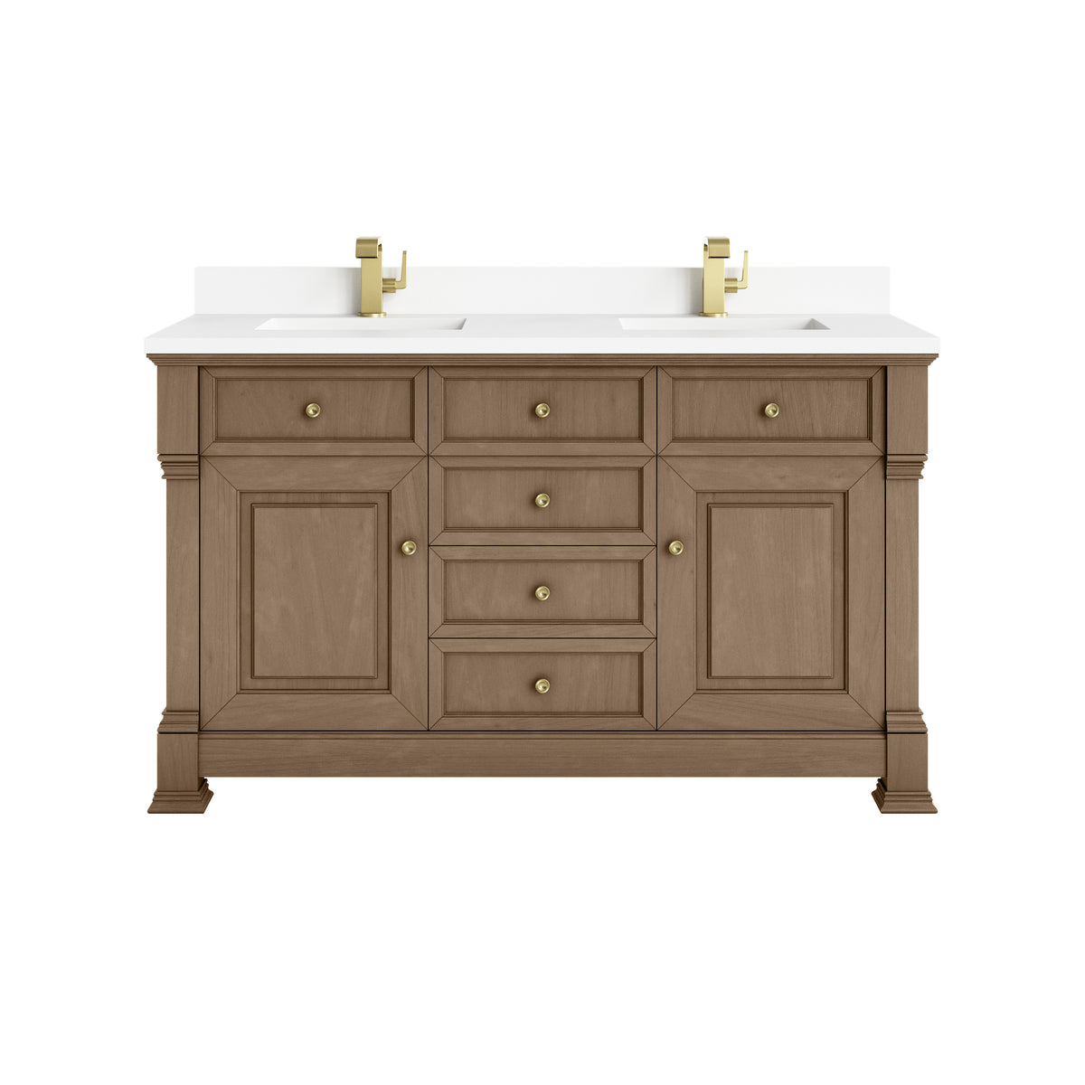 James Martin Brookfield 60" Double Bathroom Vanity, Pecan with White Zeus (Single Hole, with Backsplash) countertop
