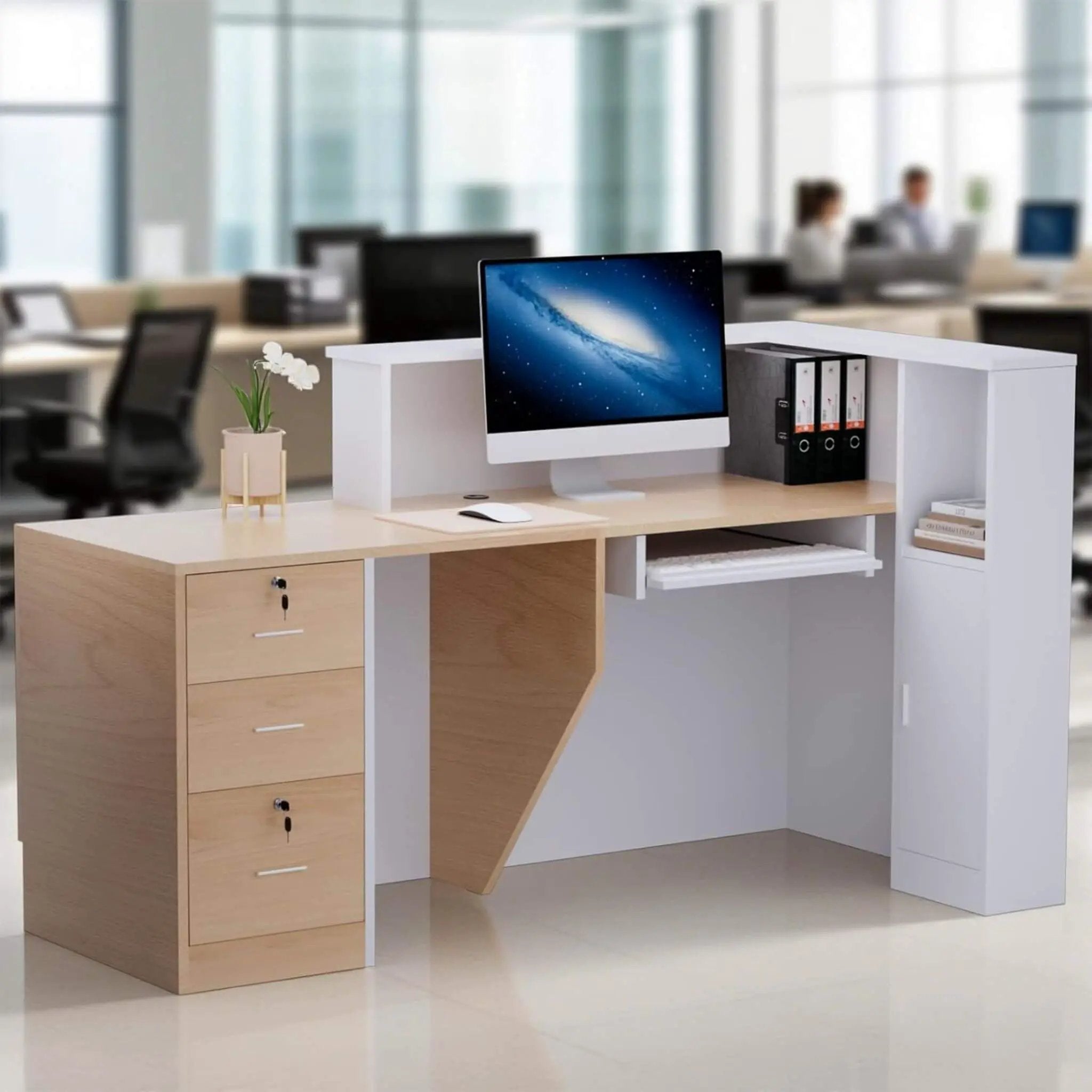 Velmor L-Shaped Modern Brown And White Reception Desk With Lockable Drawers (SAK26491) by SAKSBY WHOLESALE