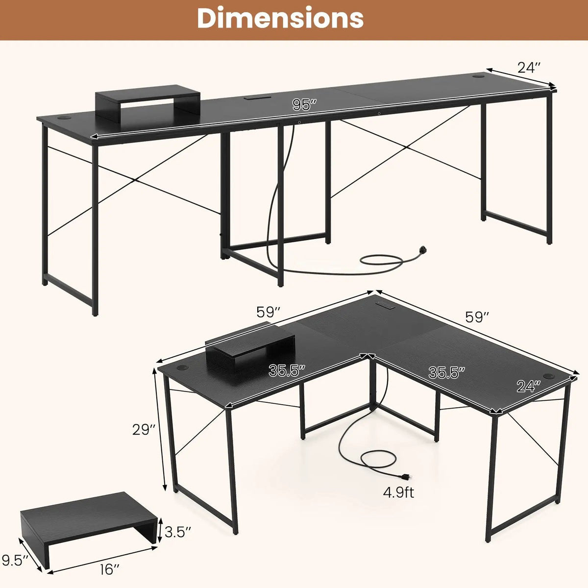 95 Inch 2-Person L-Shaped Long Reversible Computer Desk with Monitor Stand by DirectDeals