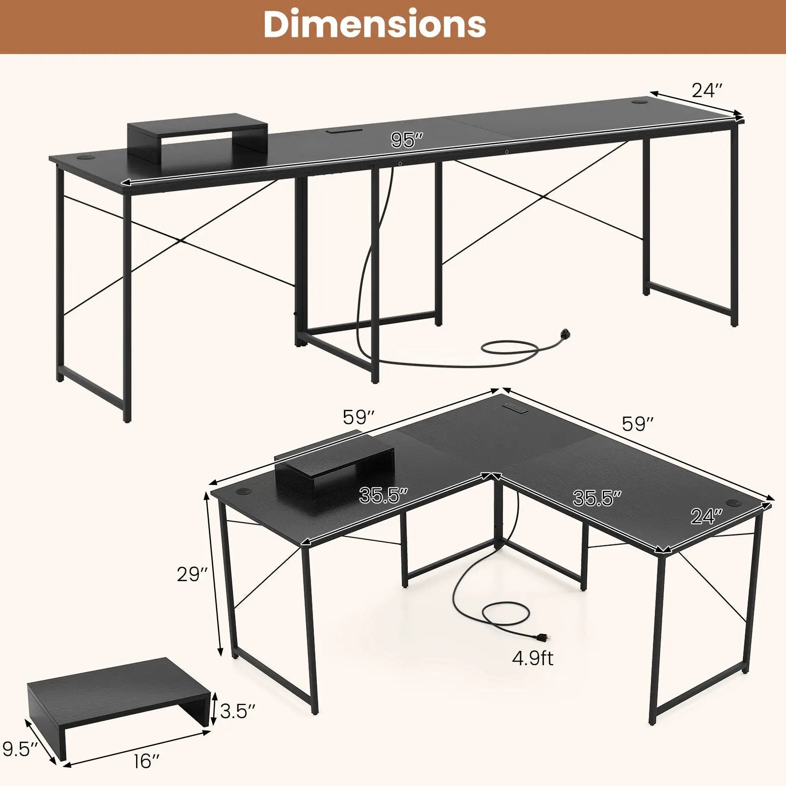 95 Inch 2-Person L-Shaped Long Reversible Computer Desk with Monitor Stand by DirectDeals