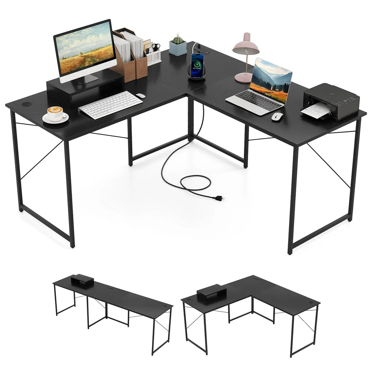 95 Inch 2-Person L-Shaped Long Reversible Computer Desk with Monitor Stand by DirectDeals