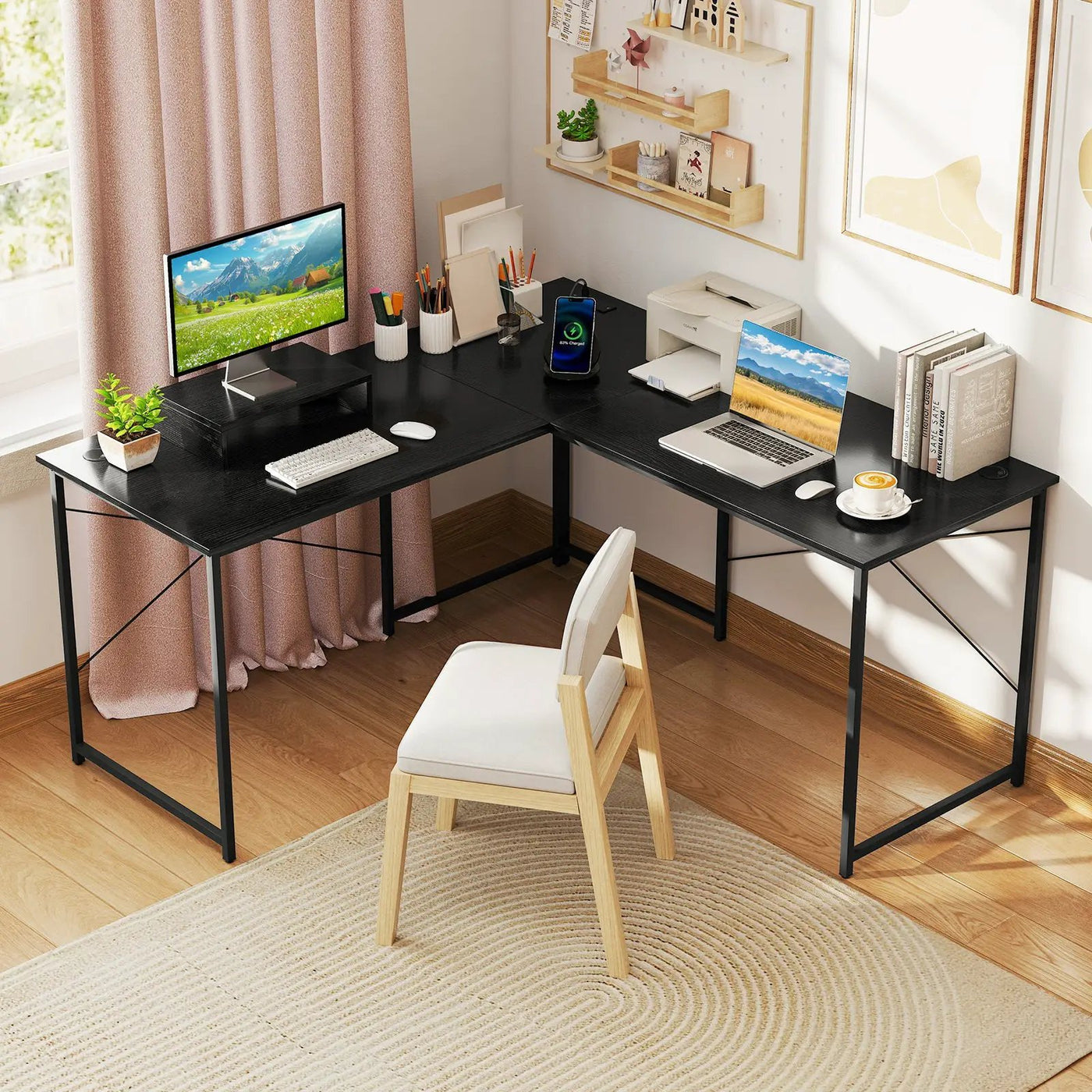 95 Inch 2-Person L-Shaped Long Reversible Computer Desk with Monitor Stand by DirectDeals