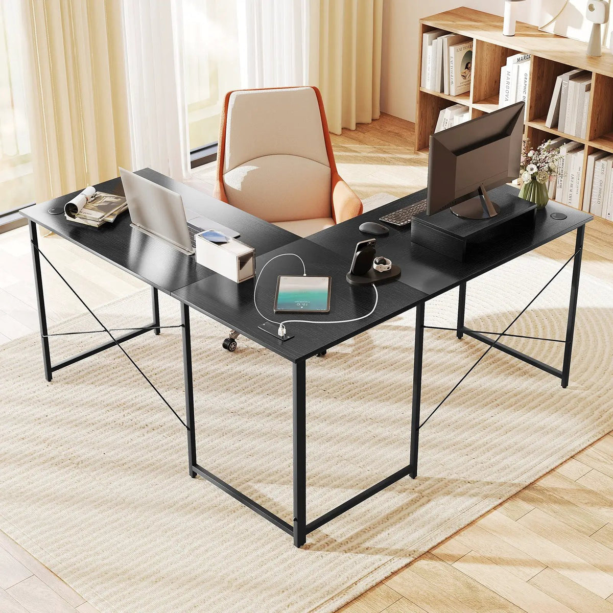 95 Inch 2-Person L-Shaped Long Reversible Computer Desk with Monitor Stand by DirectDeals