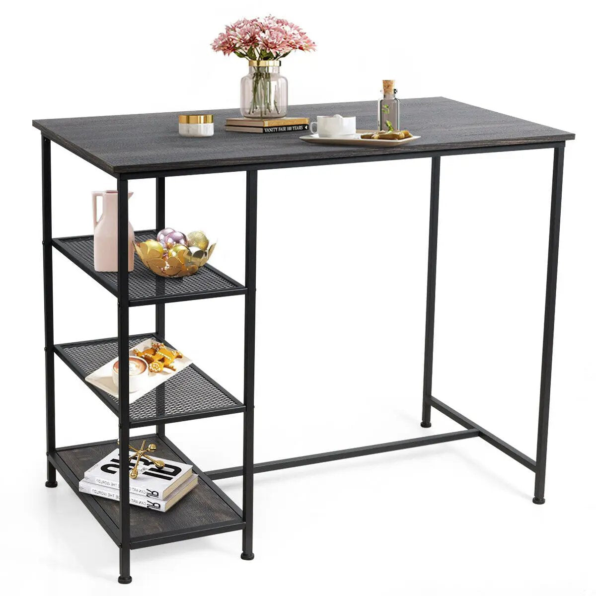 Industrial Dining Bar Pub Table with Metal Frame and Storage Shelves by DirectDeals