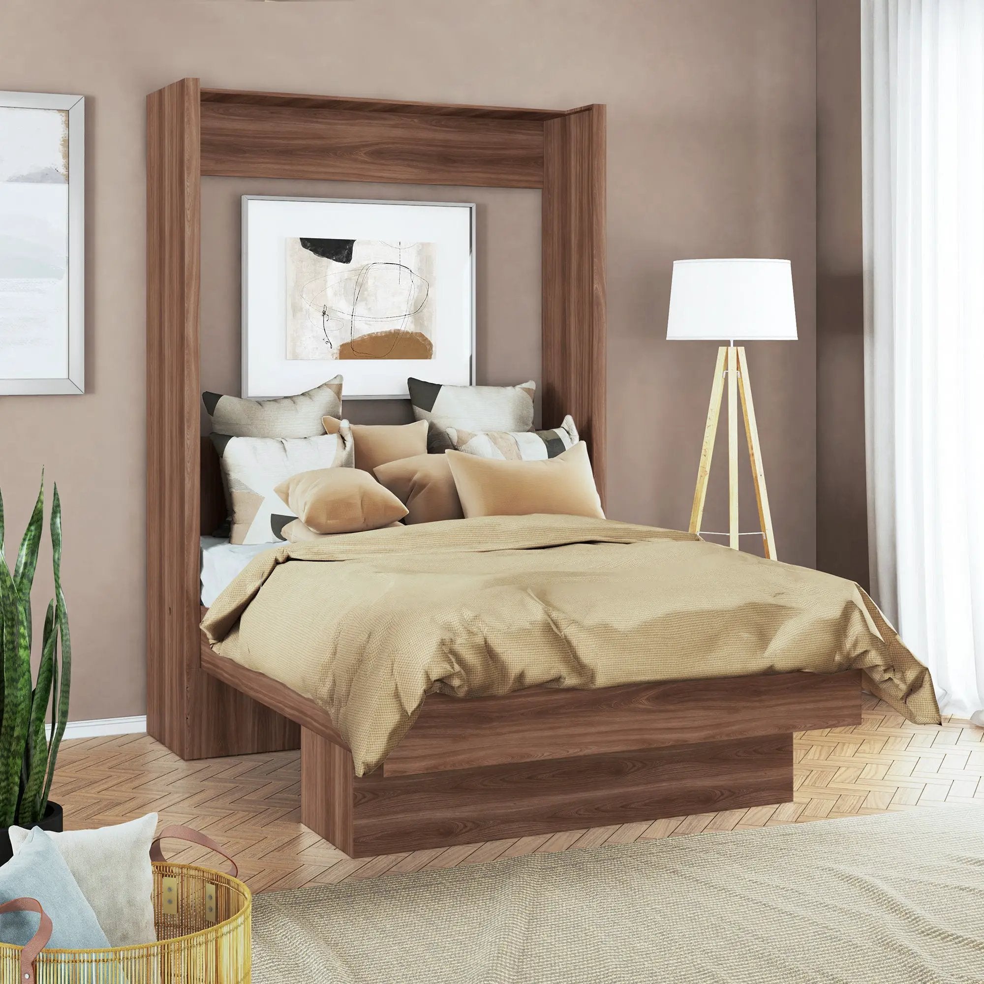 Easy-Lift Full Murphy Wall Bed in Natural Brown Wood Grain with Shelf by Sharicks