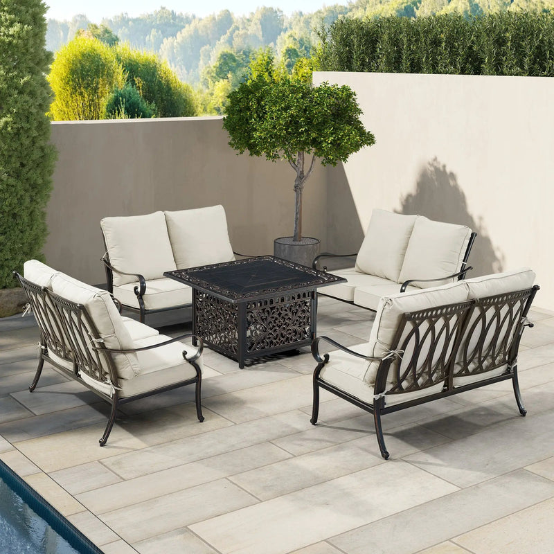 Black Aluminum Fire Table Set with Four Deep Seating Loveseats by Sharicks