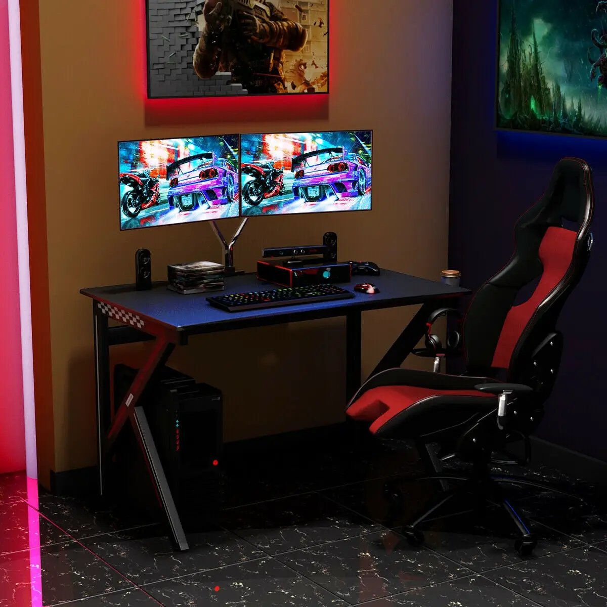 K-Shaped Gaming Desk with Cup Holder Headphone by DirectDeals