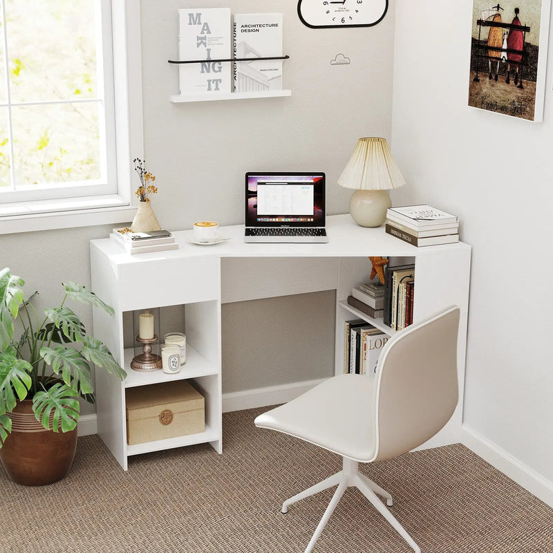 48 Inches L Shaped Corner Executive Computer Desk with Drawer-White by DirectDeals