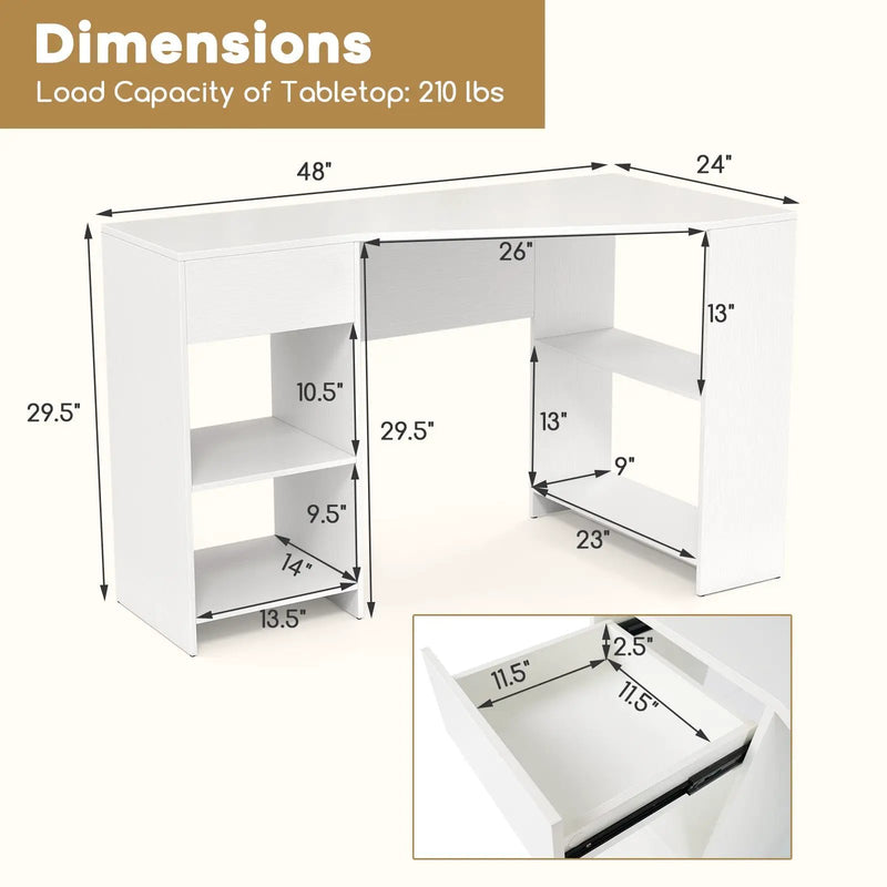 48 Inches L Shaped Corner Executive Computer Desk with Drawer-White by DirectDeals