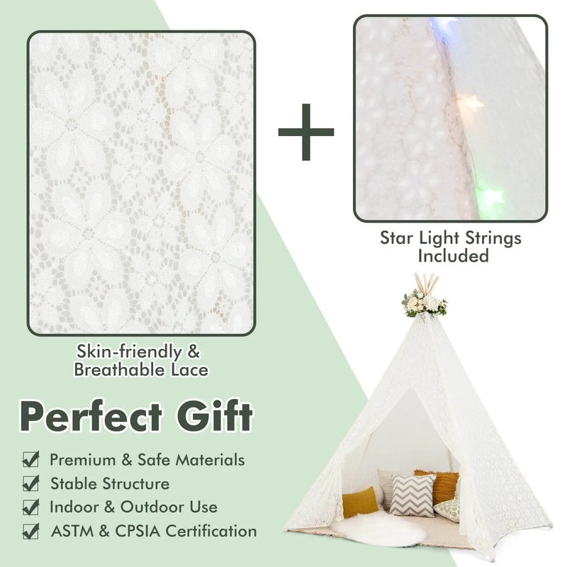Lace Teepee Tent with Colorful Light Strings for Children by DirectDeals