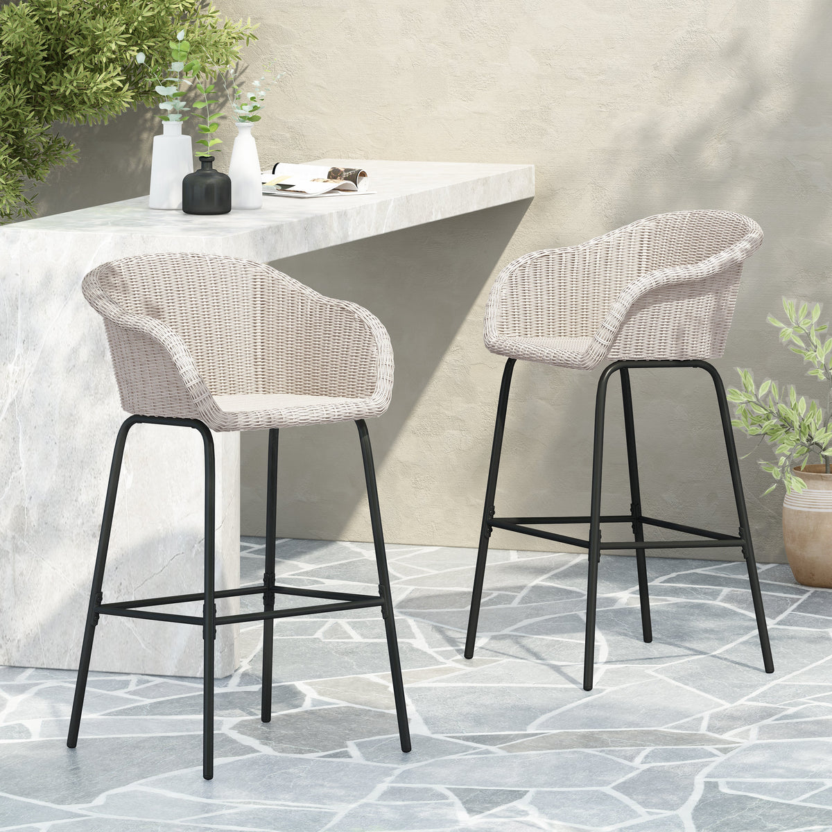 Ladd Outdoor Metal Wicker Barstool Set of 2, photo 2 of 14