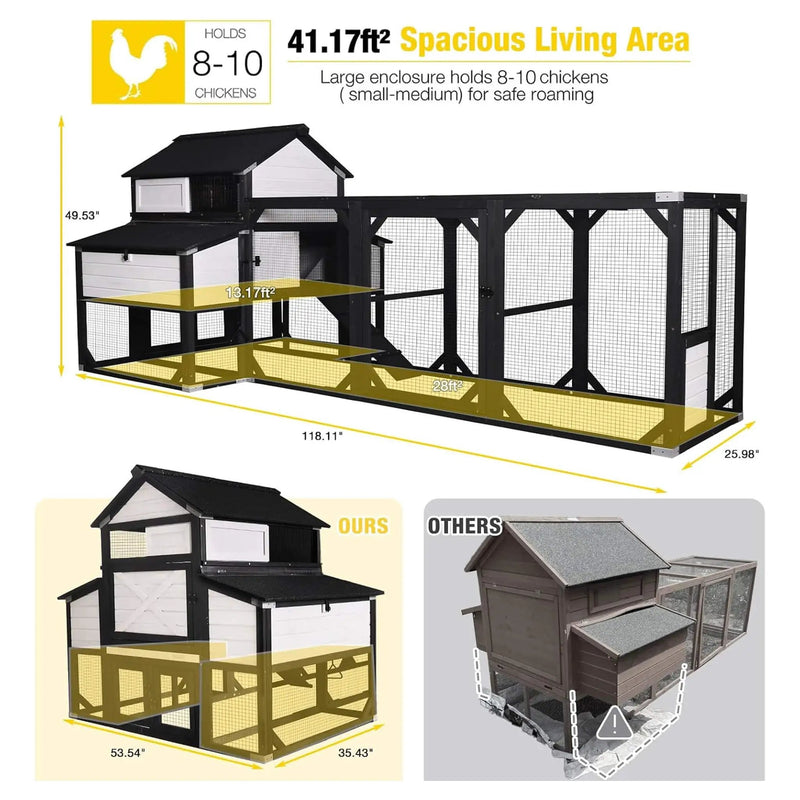 Large 118-Inch Outdoor Wooden Chicken Coop With Extended Run And 6 Nesting Boxes [8-10 Chickens] (SAK63940) by SAKSBY WHOLESALE