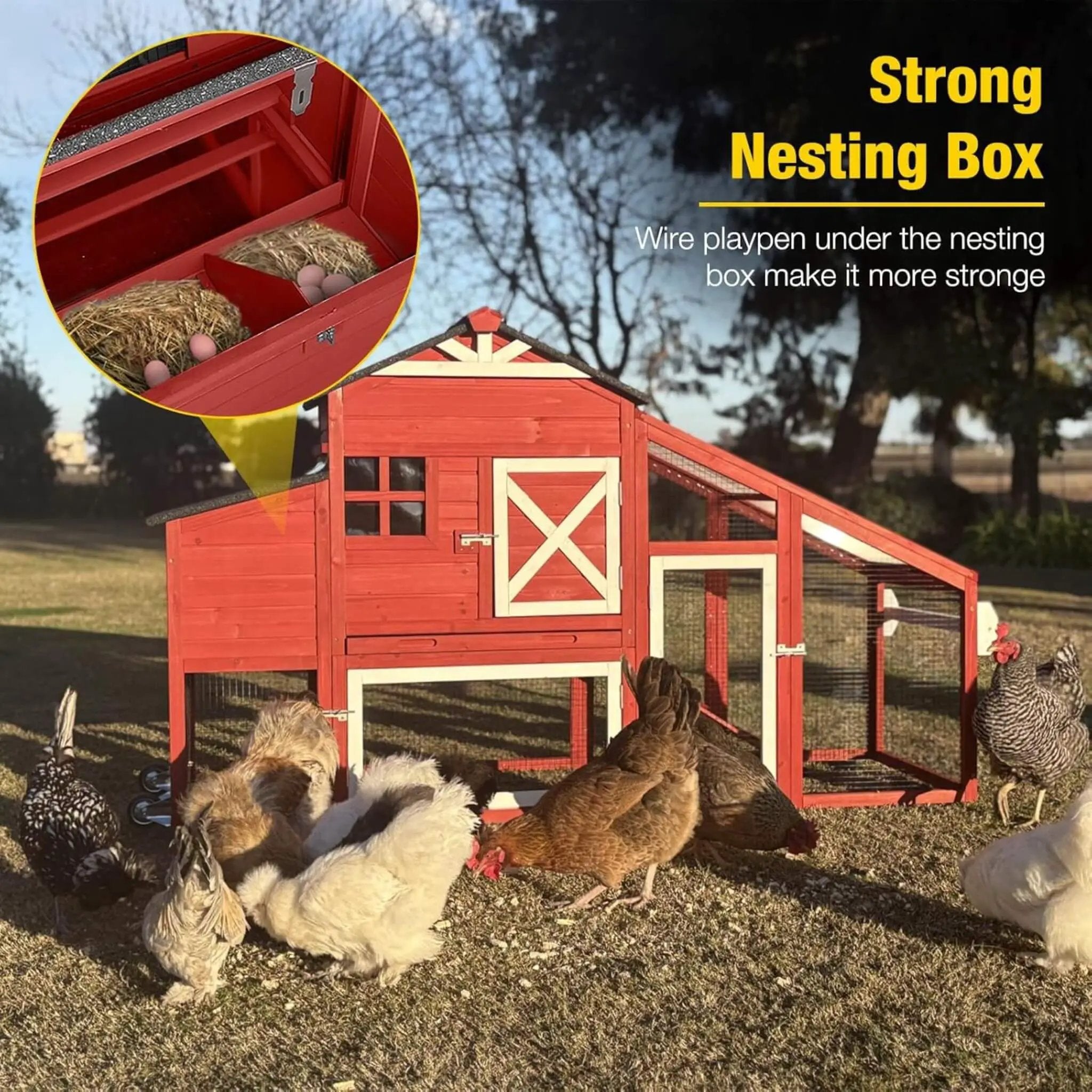 Large 73-Inch Portable Chicken Coop With Wheels And Nesting Box (SAK27495) by SAKSBY WHOLESALE