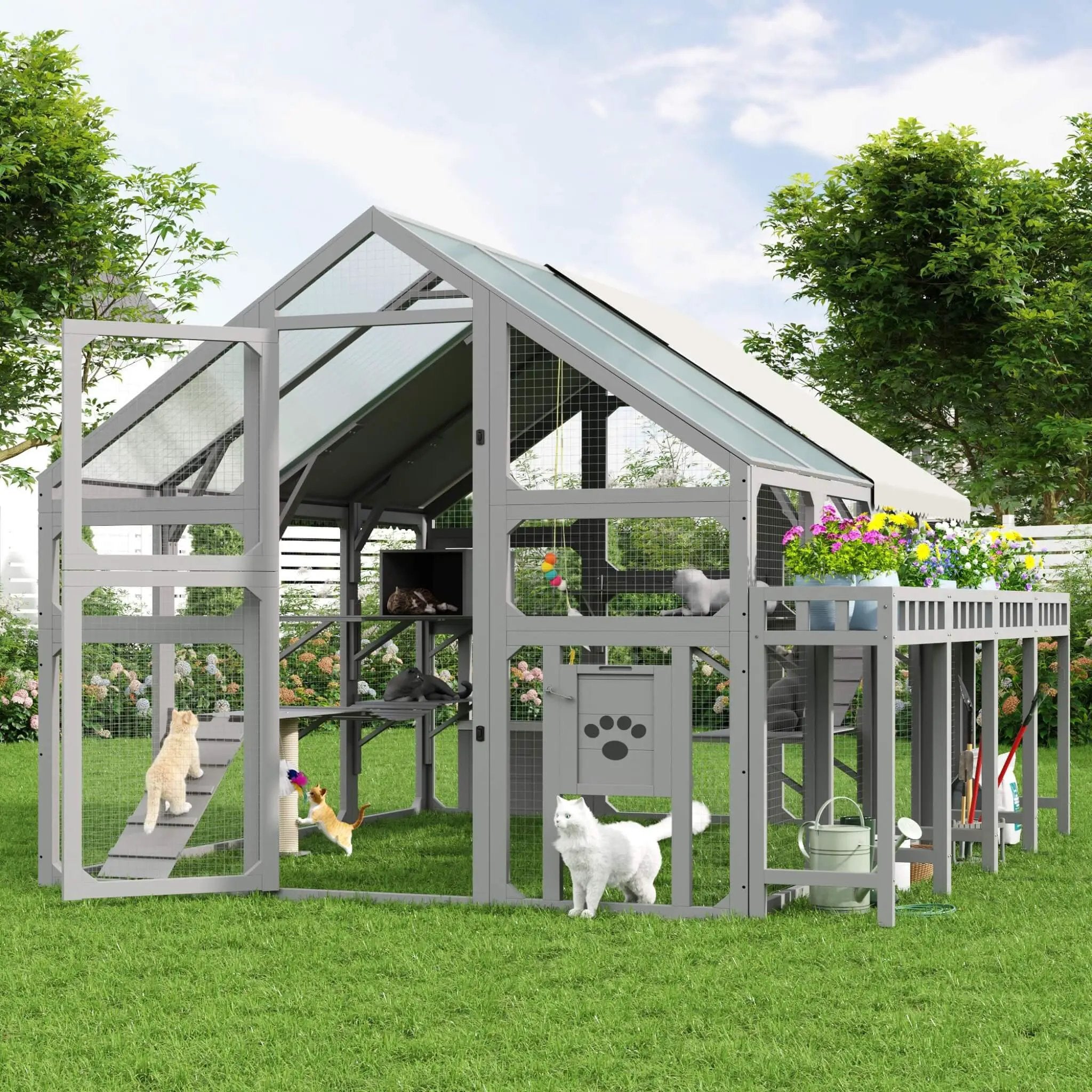 Large 94-Inch Outdoor Wooden Cat House With Planter & Walk-In Catio (SAK97531) by SAKSBY WHOLESALE
