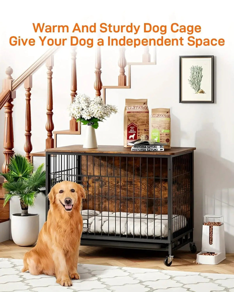 Large Heavy-Duty MDF & Wood Dog Crate Furniture - Double Door Kennel End Table with Removable Tray, Adjustable Divider &, Chew-Resistant Puppy Cage for Indoor/Outdoor Use, Multi-Size Dog House for Large Breeds (Golden Accent by House Of Avana