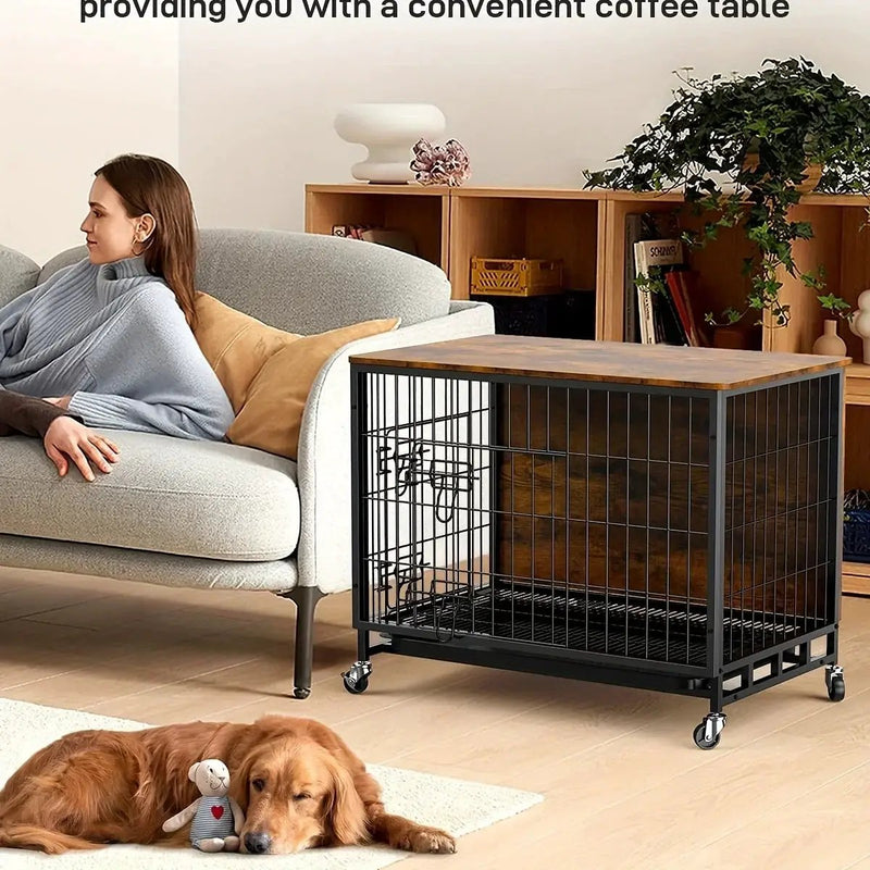 Large Heavy-Duty MDF & Wood Dog Crate Furniture - Double Door Kennel End Table with Removable Tray, Adjustable Divider &, Chew-Resistant Puppy Cage for Indoor/Outdoor Use, Multi-Size Dog House for Large Breeds (Golden Accent by House Of Avana