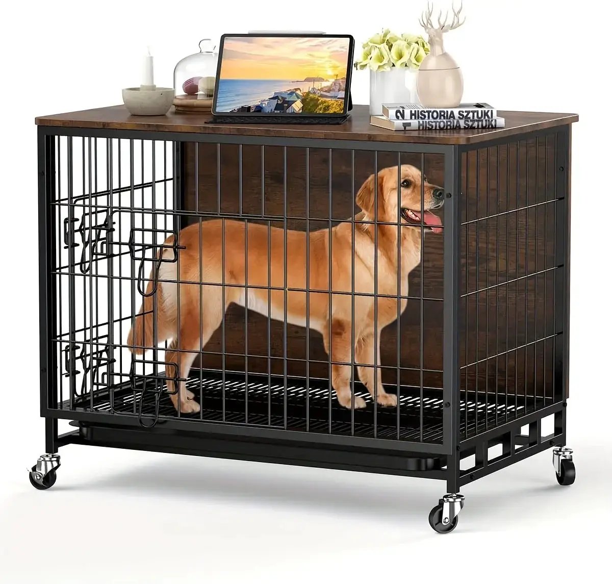 Large Heavy-Duty MDF & Wood Dog Crate Furniture - Double Door Kennel End Table with Removable Tray, Adjustable Divider &, Chew-Resistant Puppy Cage for Indoor/Outdoor Use, Multi-Size Dog House for Large Breeds (Golden Accent by House Of Avana