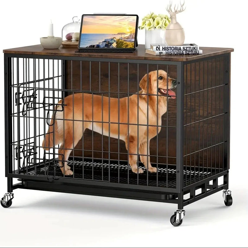Large Heavy-Duty MDF & Wood Dog Crate Furniture - Double Door Kennel End Table with Removable Tray, Adjustable Divider &, Chew-Resistant Puppy Cage for Indoor/Outdoor Use, Multi-Size Dog House for Large Breeds (Golden Accent by House Of Avana