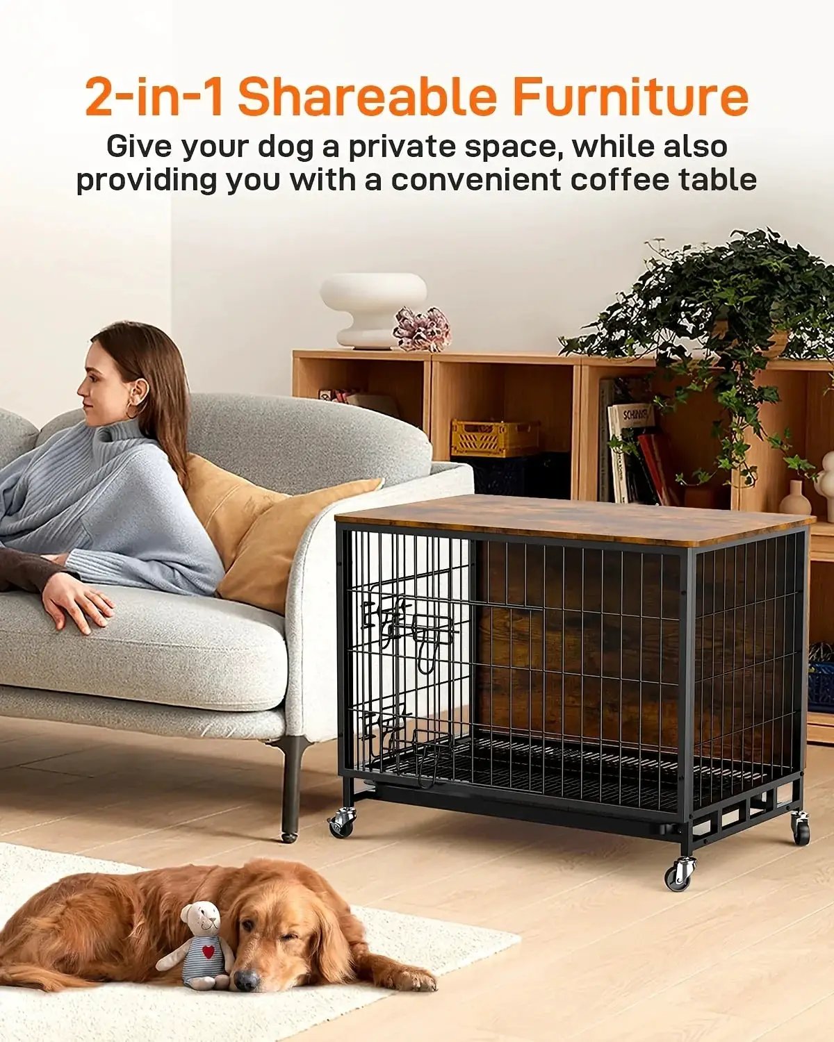 Large Heavy-Duty MDF & Wood Dog Crate Furniture - Double Door Kennel End Table with Removable Tray, Adjustable Divider &, Chew-Resistant Puppy Cage for Indoor/Outdoor Use, Multi-Size Dog House for Large Breeds (Golden Accent by House Of Avana