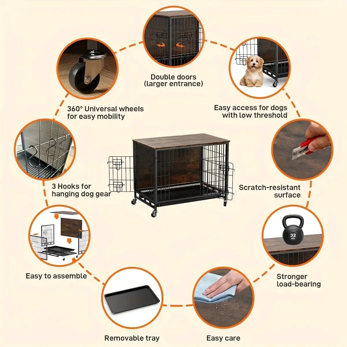 Large Heavy-Duty MDF & Wood Dog Crate Furniture - Double Door Kennel End Table with Removable Tray, Adjustable Divider &, Chew-Resistant Puppy Cage for Indoor/Outdoor Use, Multi-Size Dog House for Large Breeds (Golden Accent by House Of Avana