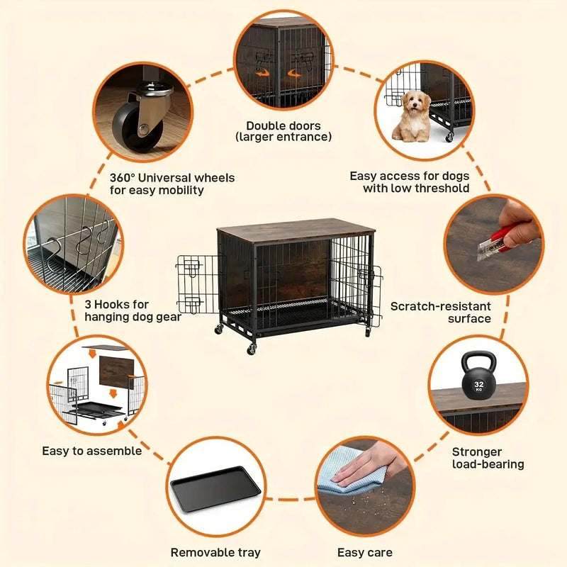 Large Heavy-Duty MDF & Wood Dog Crate Furniture - Double Door Kennel End Table with Removable Tray, Adjustable Divider &, Chew-Resistant Puppy Cage for Indoor/Outdoor Use, Multi-Size Dog House for Large Breeds (Golden Accent by House Of Avana