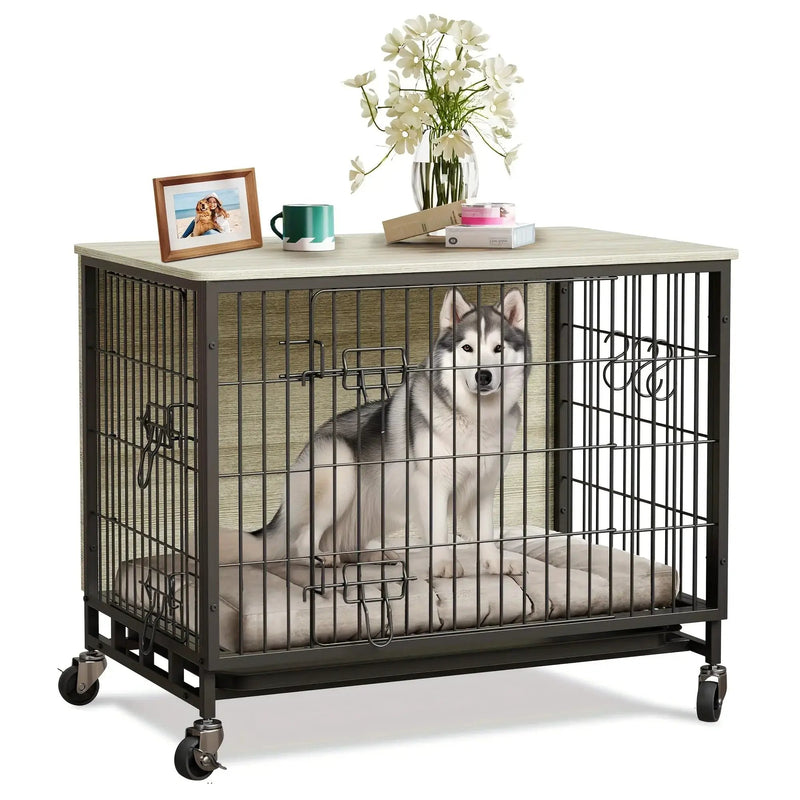 Large Heavy-Duty MDF & Wood Dog Crate Furniture - Double Door Kennel End Table with Removable Tray, Adjustable Divider &, Chew-Resistant Puppy Cage for Indoor/Outdoor Use, Multi-Size Dog House for Large Breeds (Golden Accent by House Of Avana