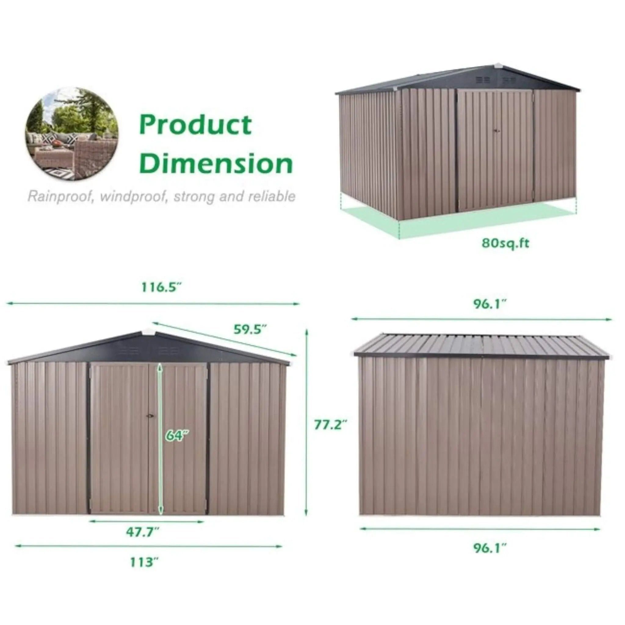 [08X10FT] Alora Large Heavy-Duty Outdoor Metal Garden Tools Storage Utility Shed W/ Lockable Door (SAK72751) by SAKSBY WHOLESALE