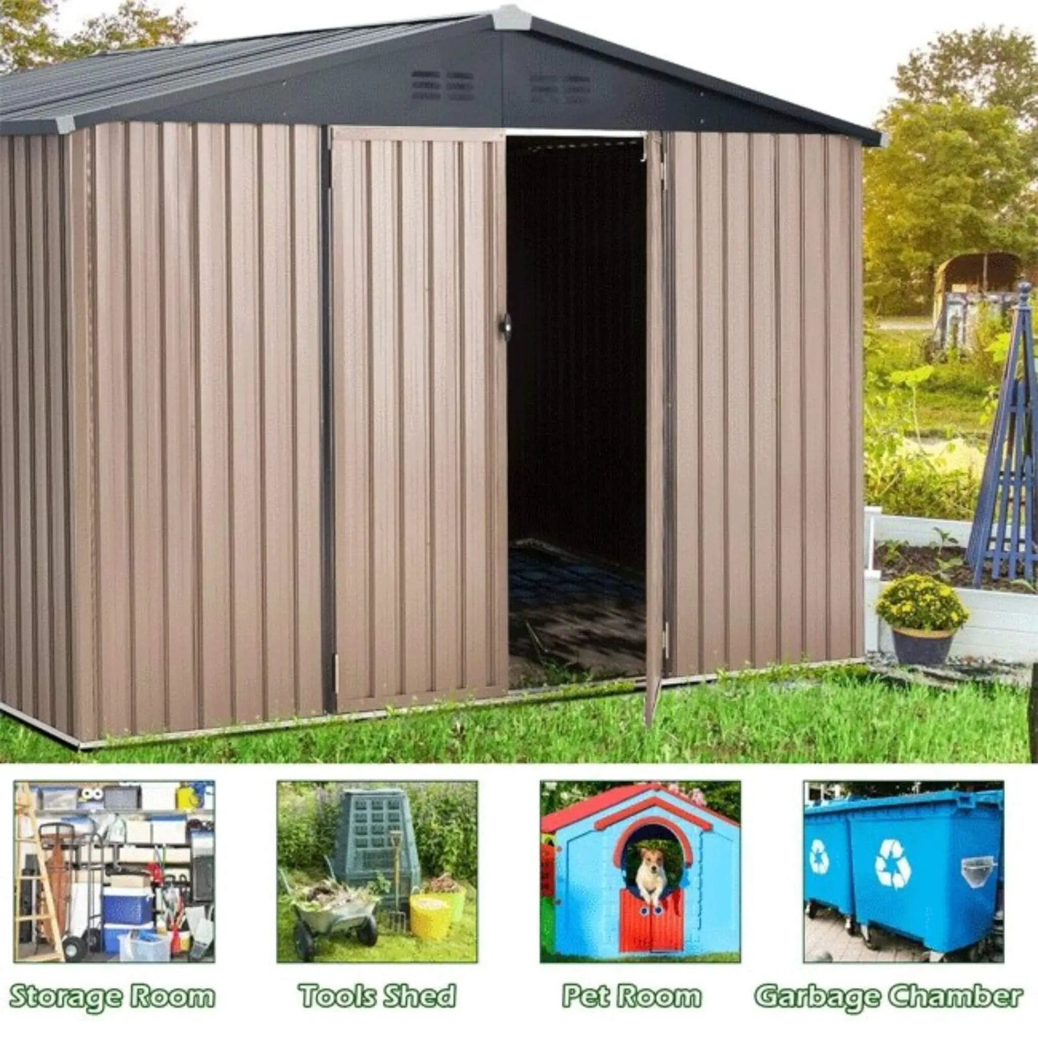 [08X10FT] Alora Large Heavy-Duty Outdoor Metal Garden Tools Storage Utility Shed W/ Lockable Door (SAK72751) by SAKSBY WHOLESALE