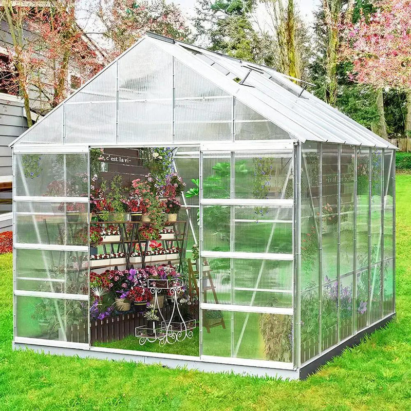 [10X12FT] Large Heavy-Duty Outdoor Walk-In Polycarbonate Aluminum Frame Greenhouse With Adjustable Vents & Sliding Doors (SAK93648) by SAKSBY WHOLESALE