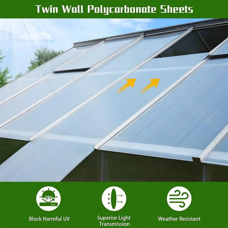 [10X12FT] Large Heavy-Duty Outdoor Walk-In Polycarbonate Aluminum Frame Greenhouse With Adjustable Vents & Sliding Doors (SAK93648) by SAKSBY WHOLESALE