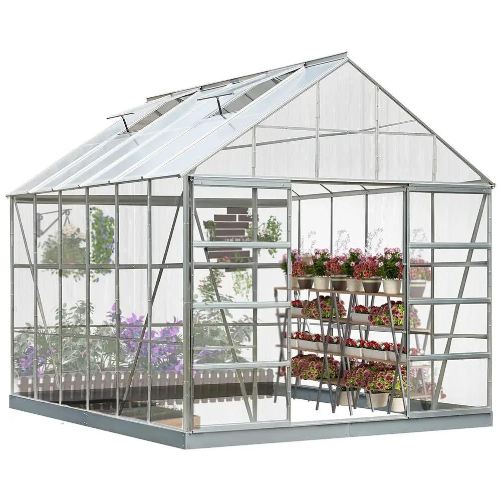 [10X12FT] Large Heavy-Duty Outdoor Walk-In Polycarbonate Aluminum Frame Greenhouse With Adjustable Vents & Sliding Doors (SAK93648) by SAKSBY WHOLESALE