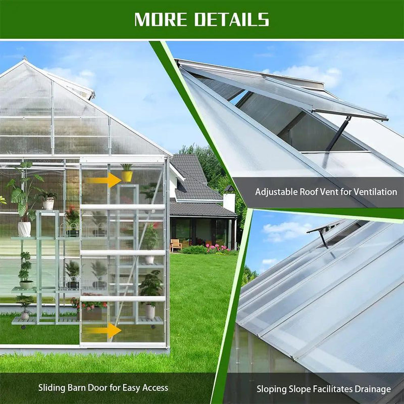 [10X12FT] Large Heavy-Duty Outdoor Walk-In Polycarbonate Aluminum Frame Greenhouse With Adjustable Vents & Sliding Doors (SAK93648) by SAKSBY WHOLESALE