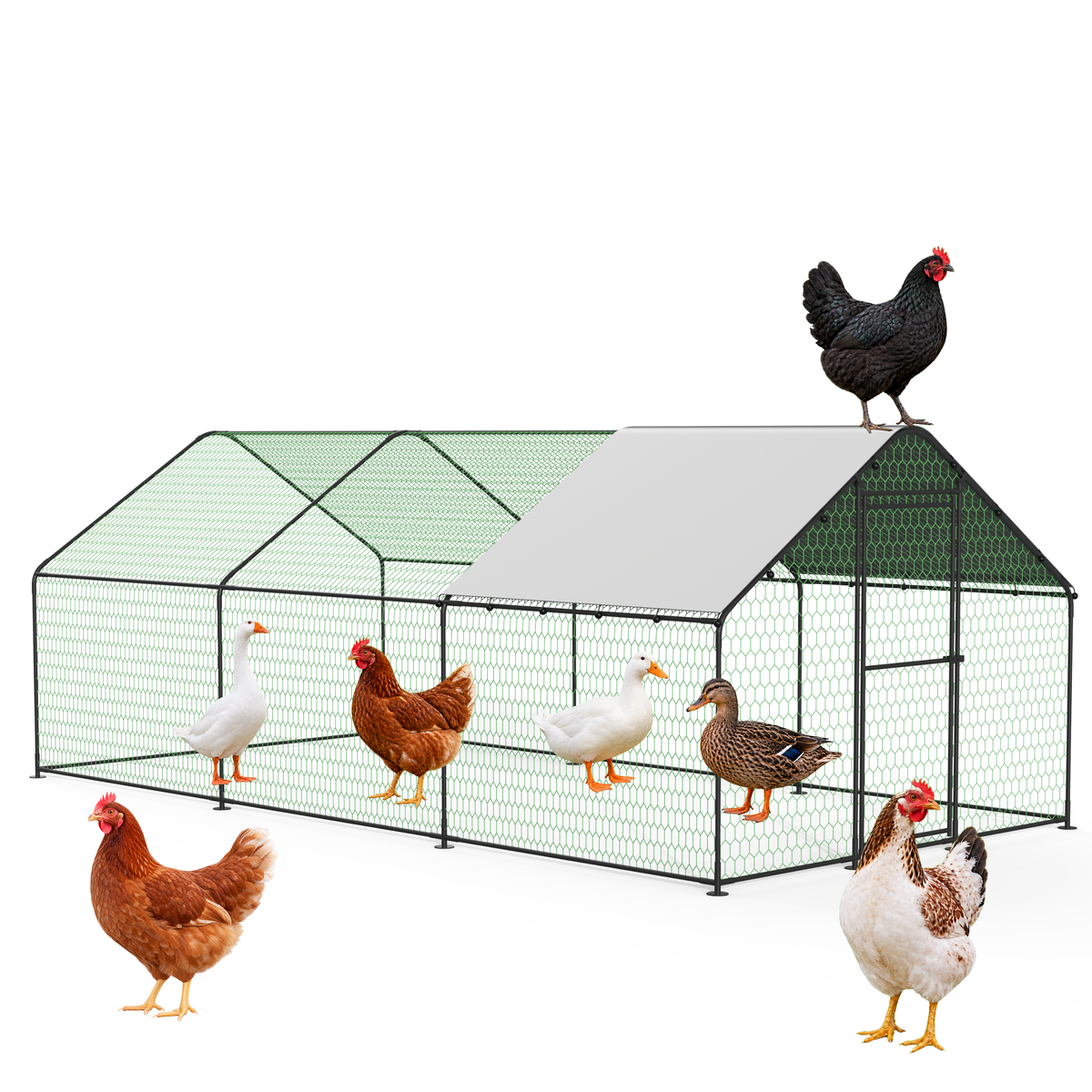 Large Metal Chicken Coop Run with Waterproof Cover, 19.7 × 9.8 × 6.6 ft, Black