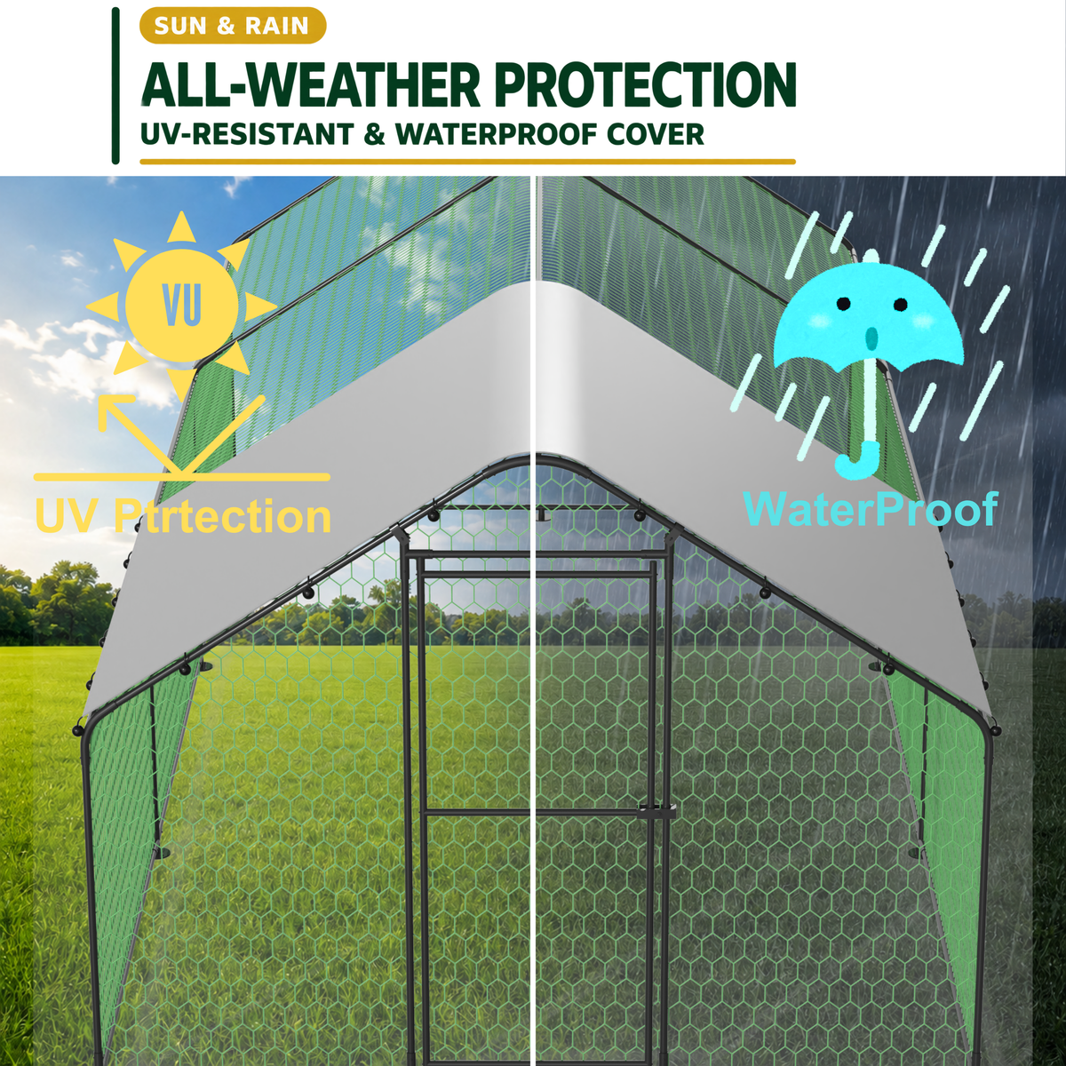 Large Metal Chicken Coop Run with Waterproof Cover, 19.7 × 9.8 × 6.6 ft, Black, photo 5 of 10