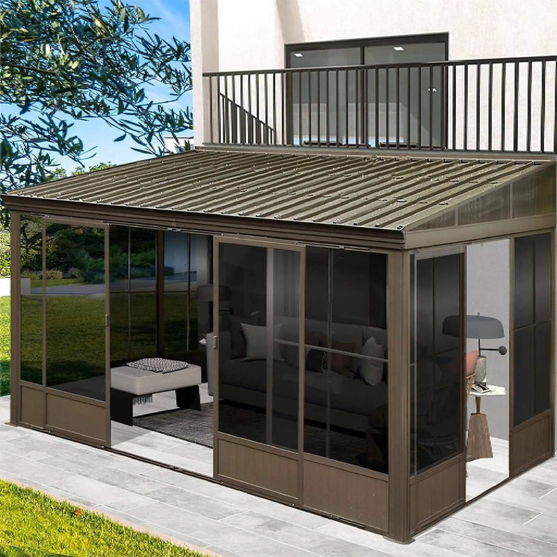 [12X14FT] Alora Haven Large Outdoor All-Season Wall-Mounted Sunroom With Galvanized Steel Roof & Moveable PVC Screen (SAK46475) by SAKSBY WHOLESALE