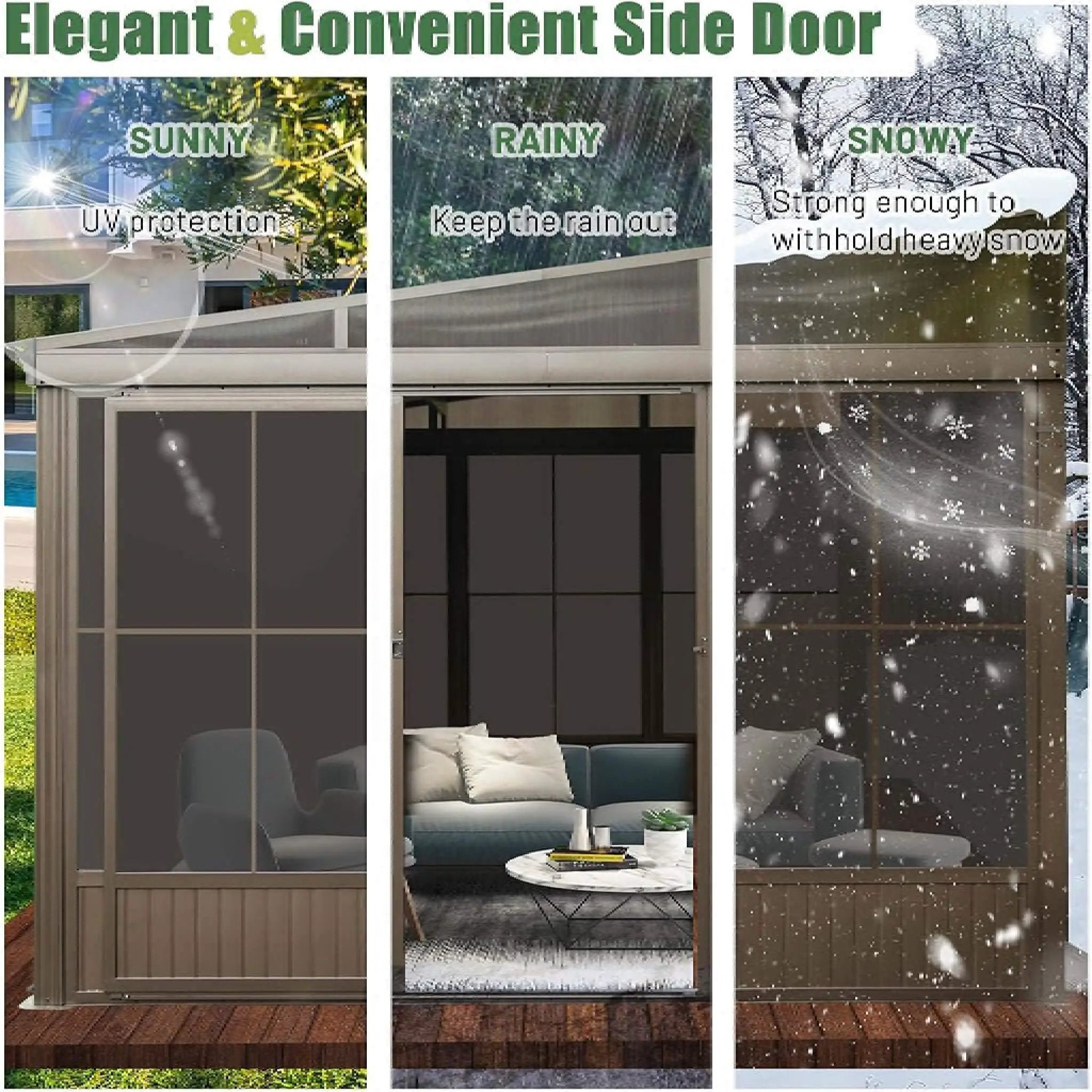 [12X14FT] Alora Haven Large Outdoor All-Season Wall-Mounted Sunroom With Galvanized Steel Roof & Moveable PVC Screen (SAK46475) by SAKSBY WHOLESALE
