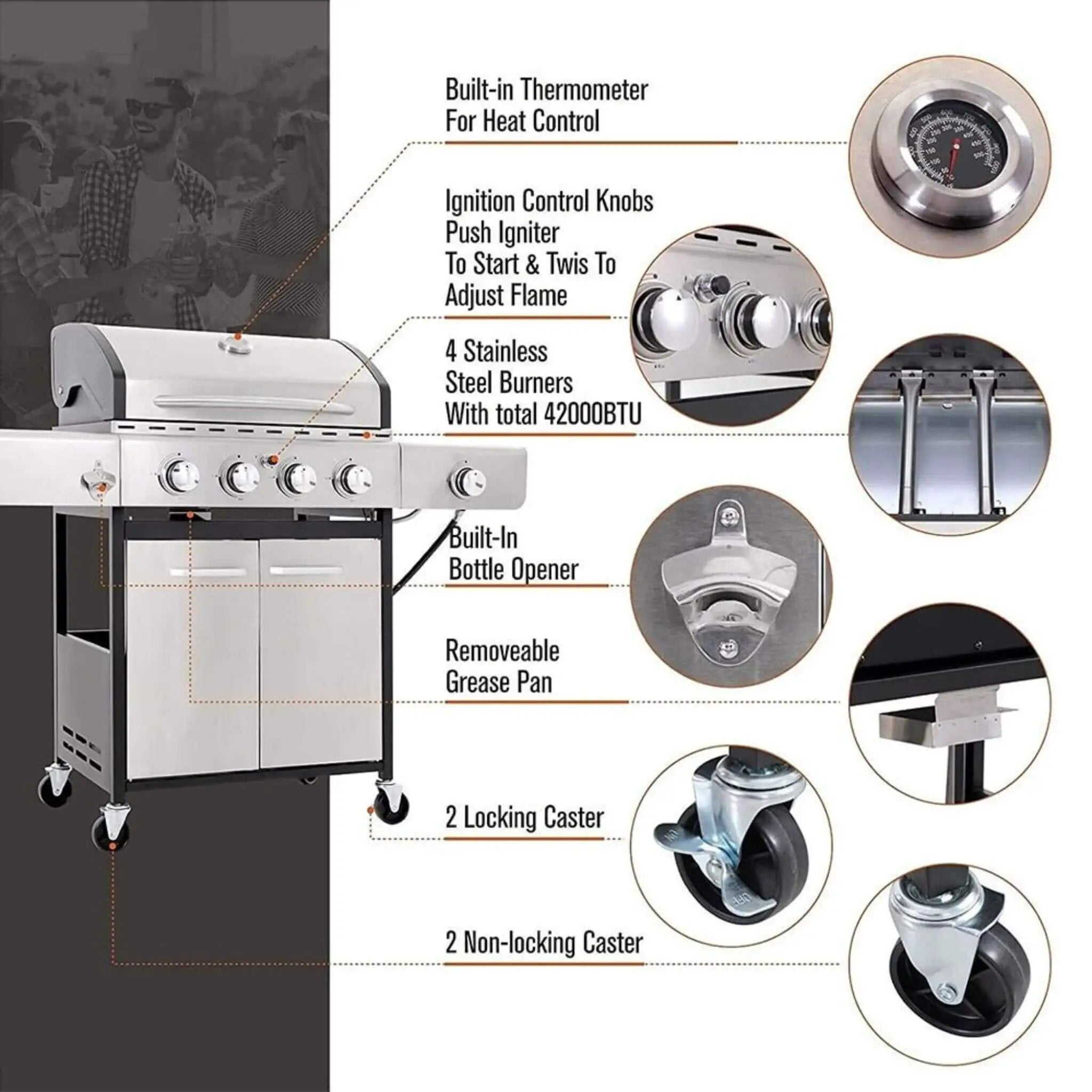 Large Outdoor 42K BTU BBQ Stainless Steel Propane Gas Grill With 4 Burners (SAK61283) by SAKSBY WHOLESALE