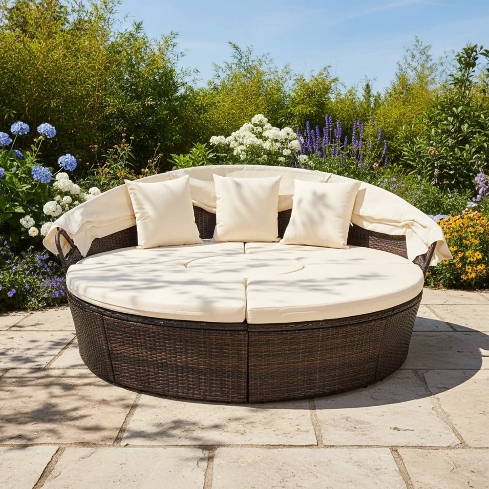 Alora Large 76-Inch Outdoor Patio Rattan Daybed Sofa W/ Adjustable Table Top, Canopy & 3 Pillows (SAK91254) by SAKSBY WHOLESALE