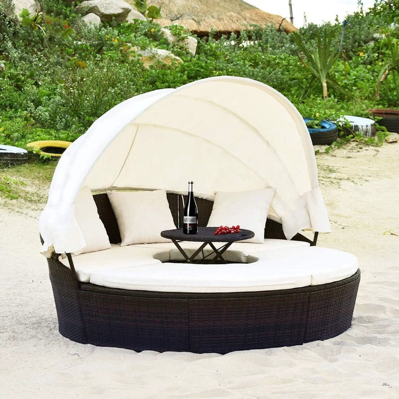 Alora Large 76-Inch Outdoor Patio Rattan Daybed Sofa W/ Adjustable Table Top, Canopy & 3 Pillows (SAK91254) by SAKSBY WHOLESALE