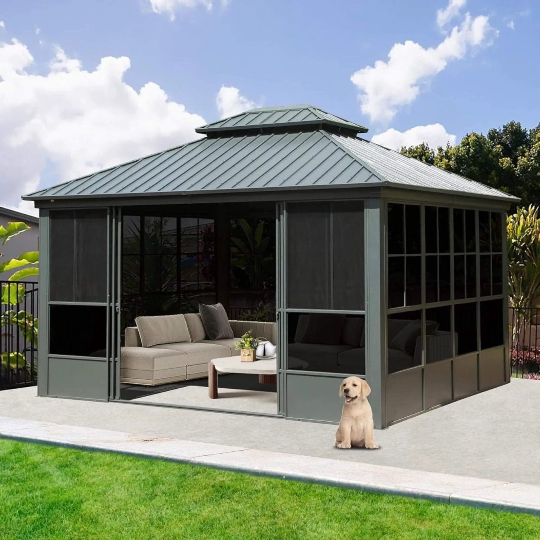 [12X14FT] Alora Veranda Large Heavy-Duty All-Season Steel Top Aluminum Double Roof Backyard Sunroom (SAK97284) by SAKSBY WHOLESALE