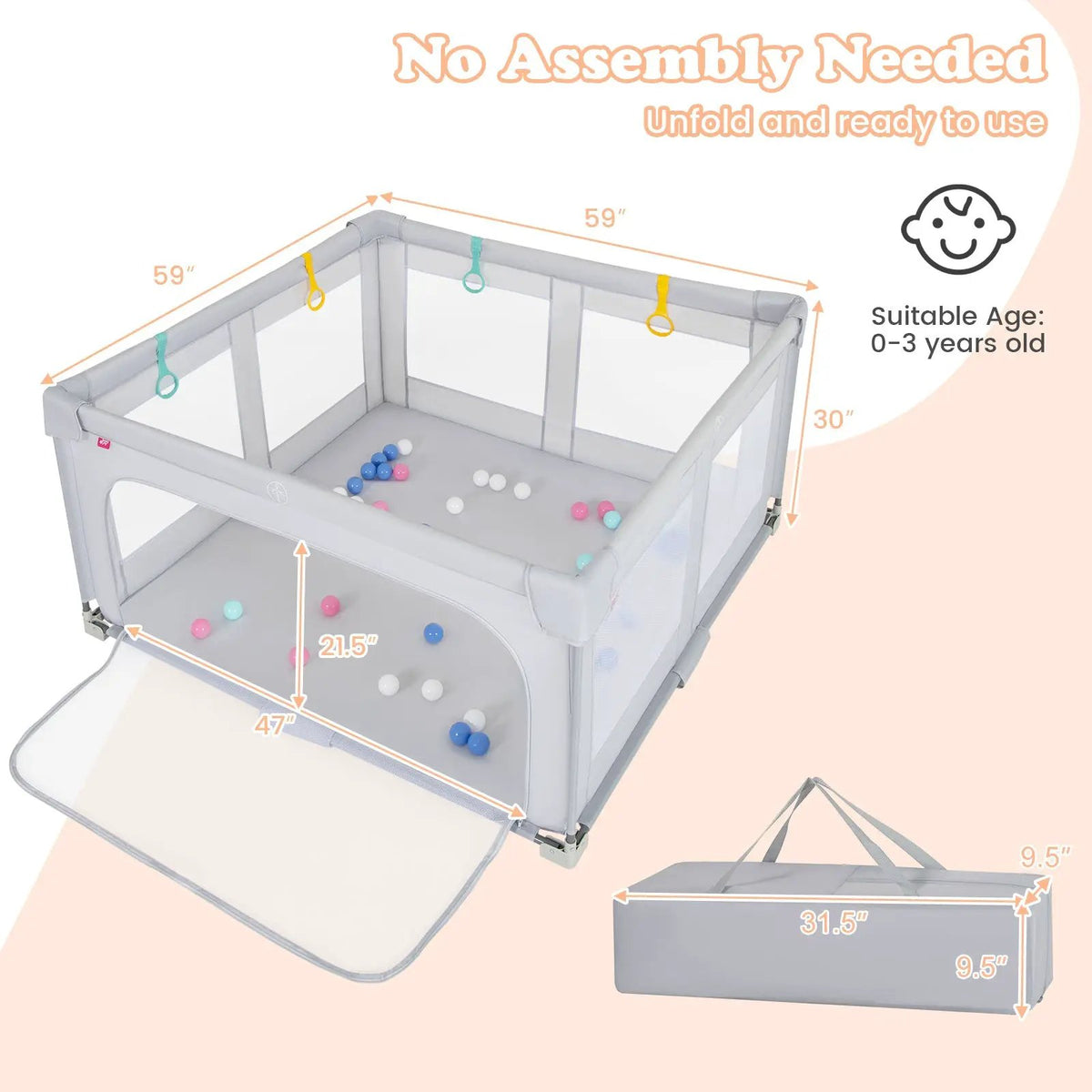 Large Baby Playpen BPA-Free Foldable Toddlers Safety Fence Play Yard with Zipper Gate by DirectDeals