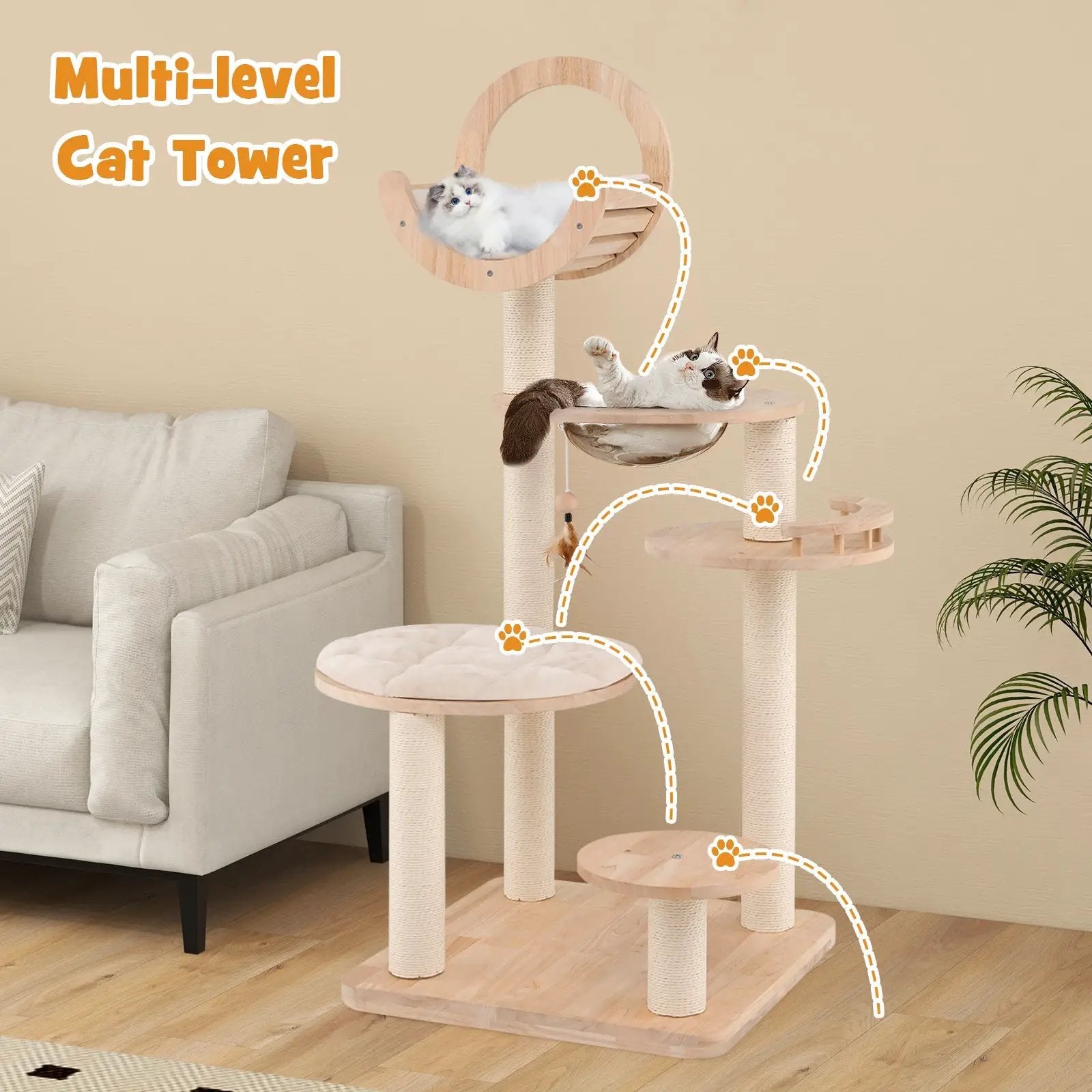 4-in-1 Large Wooden Cat Tower with Space Capsule Nest for Indoor Cats by DirectDeals