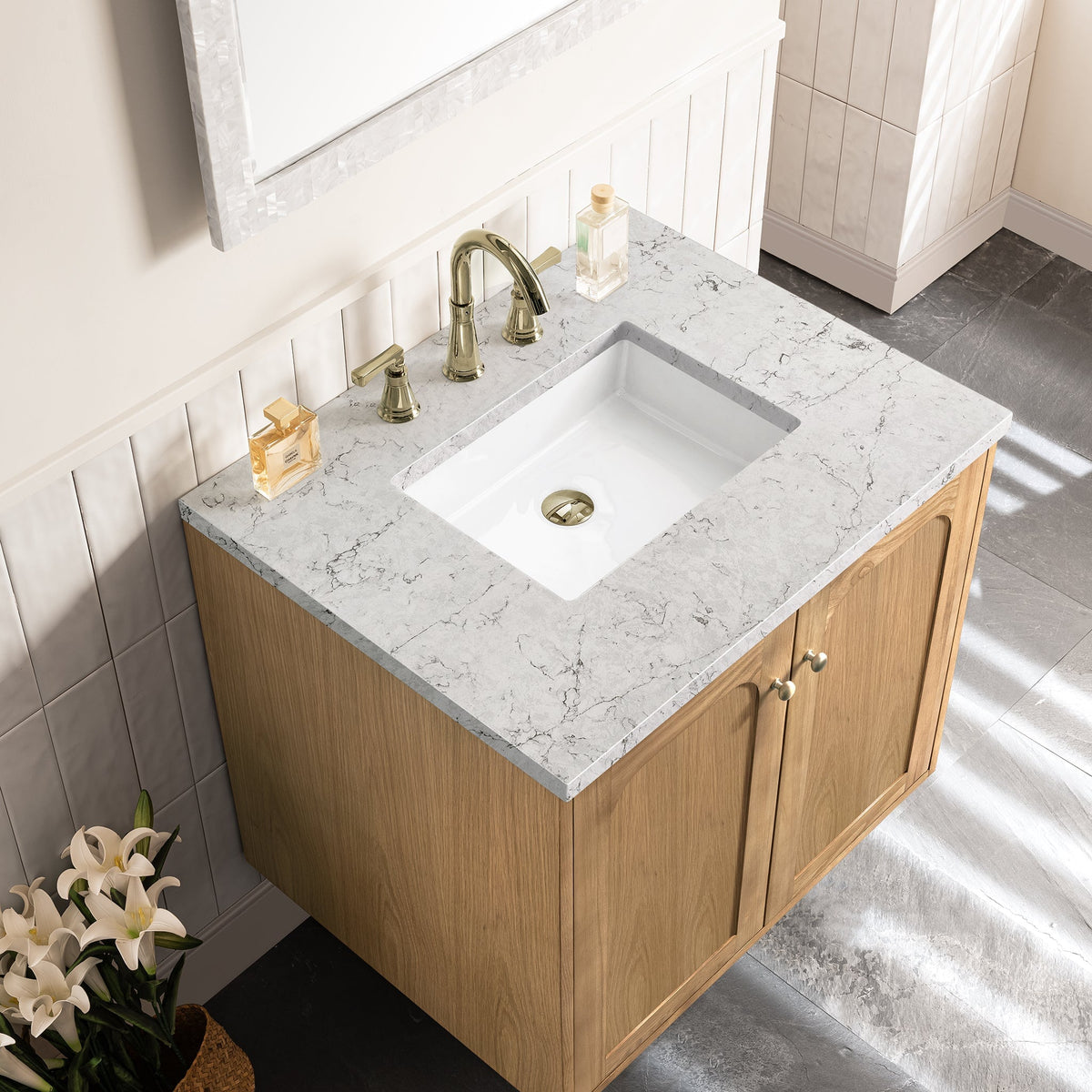 James Martin Laurent 30" Dual Mount Single Bathroom Vanity, Light Natural Oak with Eternal Jasmine Pearl countertop