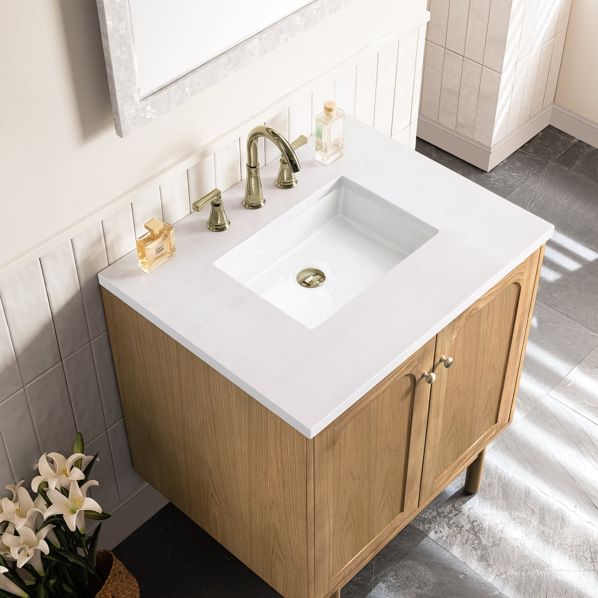James Martin Laurent 30" Dual Mount Single Bathroom Vanity, Light Natural Oak with White Zeus countertop