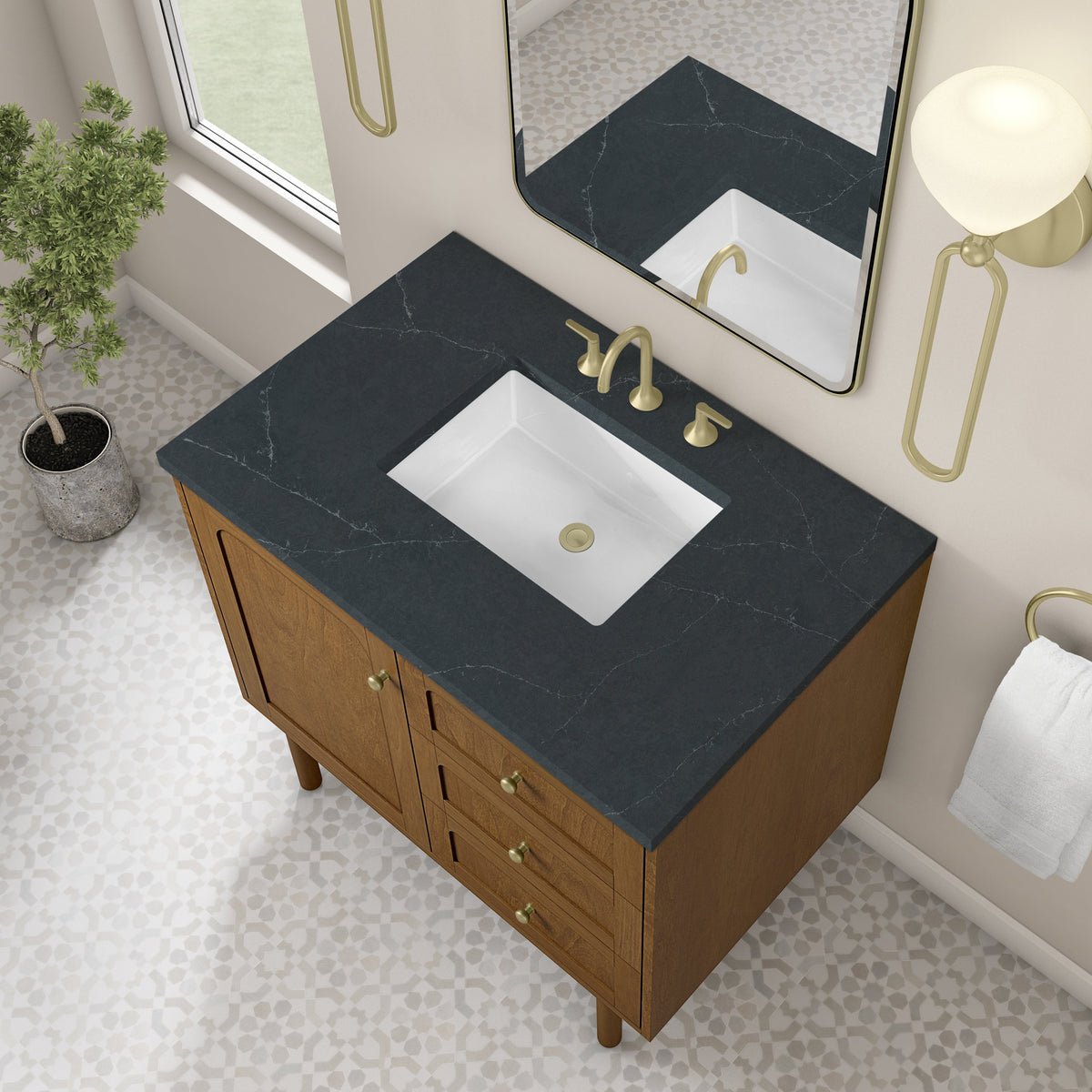James Martin Laurent 36" Dual Mount Single Bathroom Vanity, Honey Oak with Charcoal Soapstone countertop