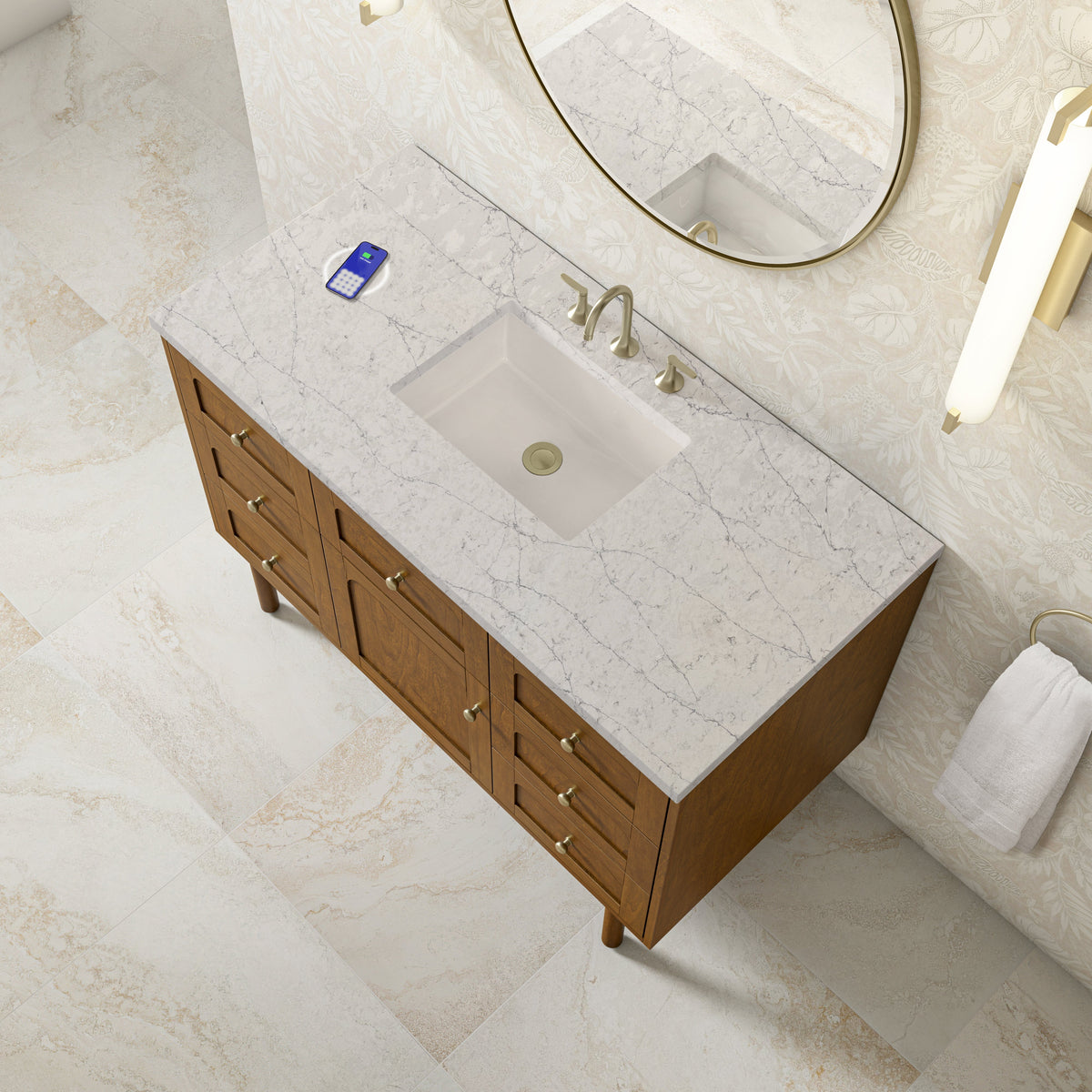 James Martin Laurent 48" Dual Mount Single Bathroom Vanity, Honey Oak with Eternal Jasmine Pearl (FreePower) countertop